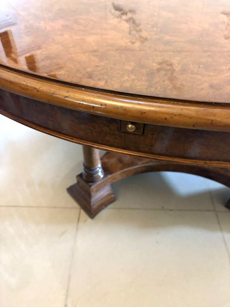 Antique Exceptional Quality Burr Walnut Circular Extending Dining Table Seating 10 with Radial Leaves & Matching Burr Walnut Leaf Holder - Image 4